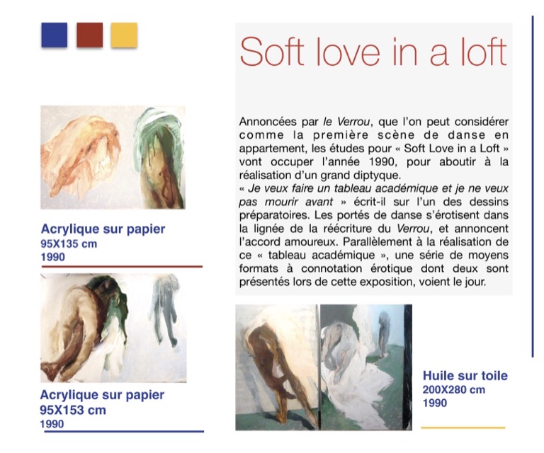 « Soft Love in a Loft », page de catalogue : acrylique sur papier, 95 × 135 et 95 × 153 cm ; huile sur toile, 200 × 280 cm