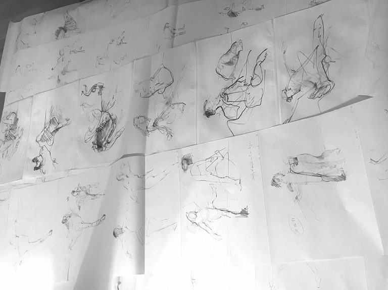 Croquis de danse en bandes de sept dessins, crayons, graphite et fusain sur papier, format A3